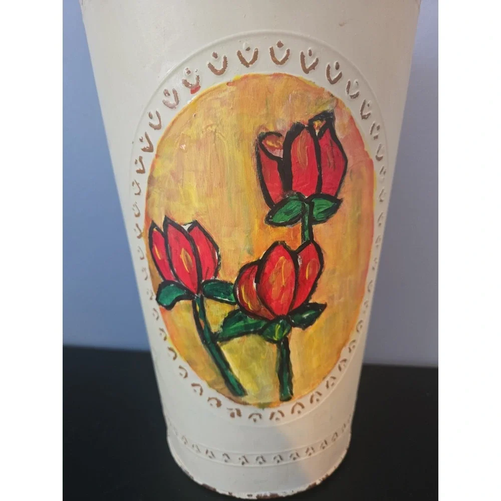 Vintage Toleware Wastebasket Hand Painted Floral Metal Trash Can Cottage 12
